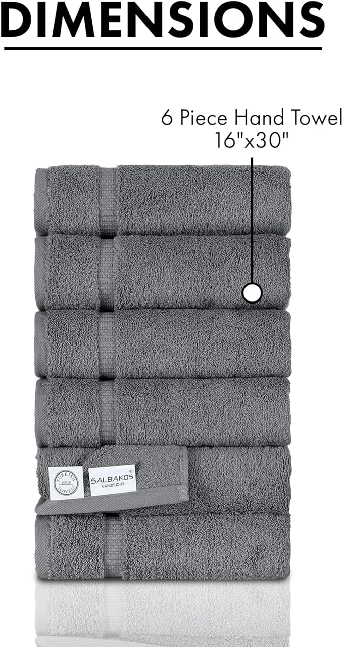 SALBAKOS 100% Turkish Cotton Hand Towels Set 6-Piece Gray 16x30 in | Luxury Premium Quality Thick Super Absorbent Turkish Hand Towel for Bathroom & Kitchen | Made in Turkey (Gray, 6 Hand Towels)