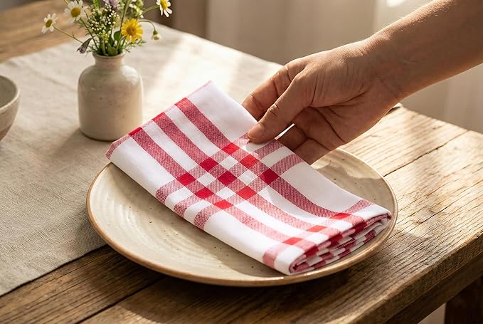 PurpleEssences Homestead Plaid Cloth Napkins - Mitered Corners - Spring Easter Summer - Check Dinner Napkin - Set of 12-100% Cotton - 18x18 Inch - Reusable Washable - Red and White