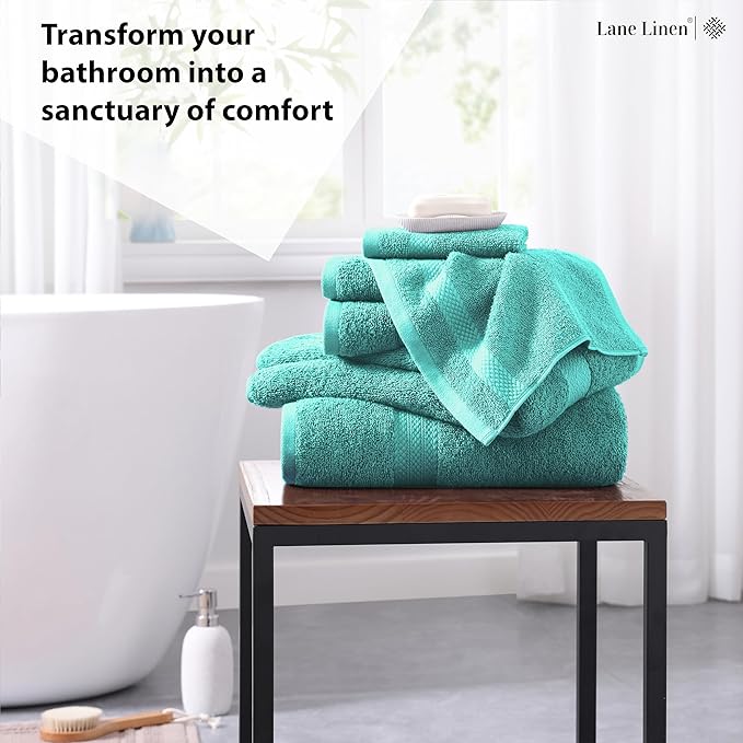 LANE LINEN 100% Cotton Bath Towel Set - 6 Pieces - Softer, Durable & Highly Absorbent - 2 Bath, 2 Wash cloths, 2 Hand Towels for Bathroom - Family Set, Premium Quality & OEKO-TEX Certified - Teal
