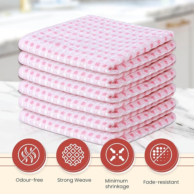 Vintage Vista 100% Cotton Dish Cloths (Pack of 6) - Dish Rags for Washing Dishes - Reusable & Highly Absorbent Kitchen Towels - Kitchen Rags fo Easter - (12" x 12" - Pink Honeycomb)