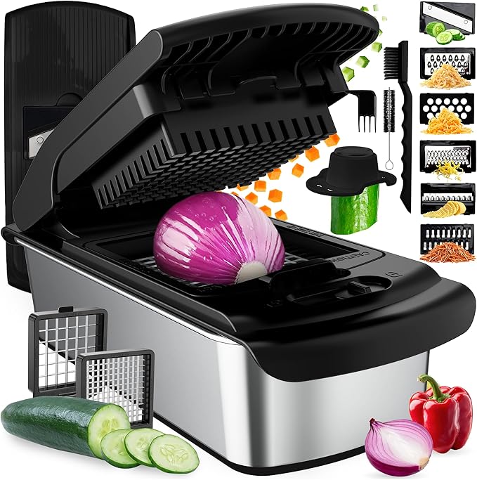 Fullstar All in One Vegetable Chopper and Mandoline Slicer - Food Chopper with Container and Julienne Slicer, Fruit Slicer, Veggie Cutter, Kitchen Gadgets & Gift for Mom (8 in 1, Stainless Steel)