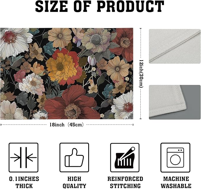 Giwawa Black Boho Floral Placemats Set of 4, 12"x18" Vintage Watercolor Flowers Table Mats, Rustic Retro Plant Heat Resistant Washable Linen Place Mat for Kitchen Dining Season Party Decor