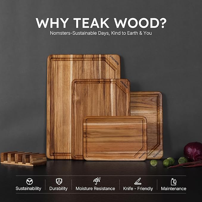 4 Pack Teak Wood Cutting Board Set for Kitchen Heavy Duty Non Toxic Non Slip Solid Thick Wood Haus Chopping Board Extra Large Big Small Meat Best Non Toxic Kitchen Essential House Warming Hostess Gift