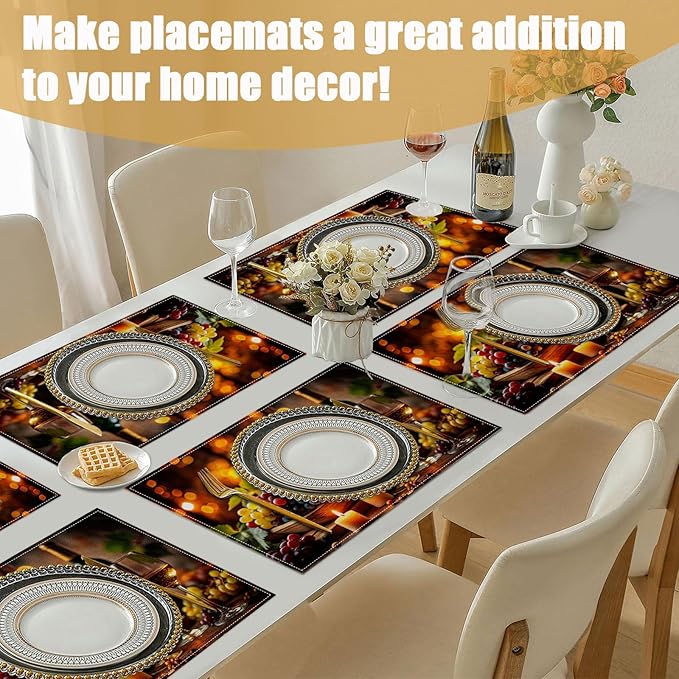 Wine Placemats Set of 6, Linen Place Mat Washable Stain Resistant Table Mats for Country Winery Artisanal Farmhouse Kitchen 12x18 Inch