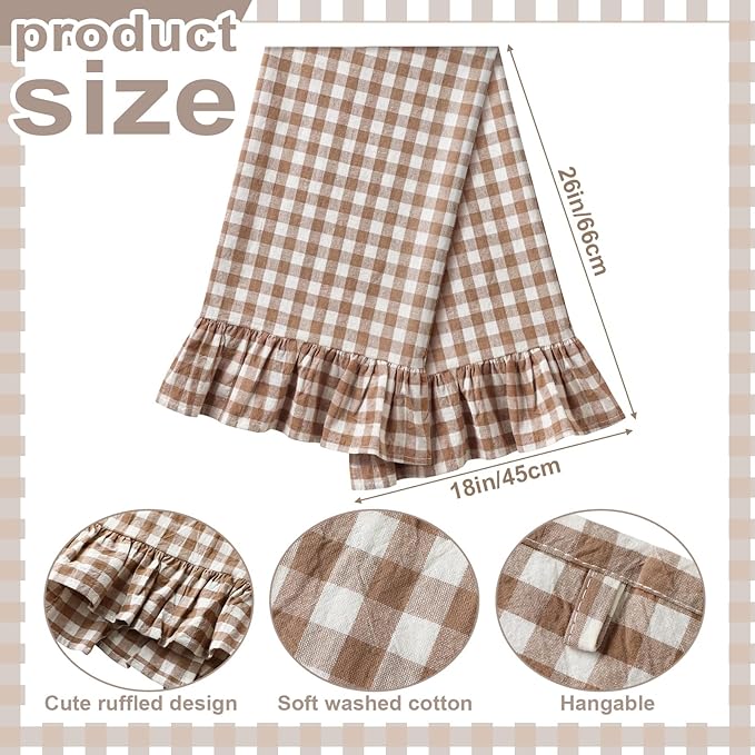 HunnmingRe Taupe Kitchen Towels Set of 2, 100% Cotton Ruffled Gingham Dish Towels 18"x28" Absorbent Tea Cloths Classic Plaid Pattern for Farmhouse Charm, Drying Dishes, Entertaining Guests