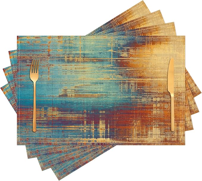 Farmhouse Placemats Set of 4 Blue Orange Teal Place Mats Modern Rustic Kitchen Table Mats - Linen Fabric Heat Resistant Wipeable Washable Placemat for Dining Coffee Table 12x18Inch