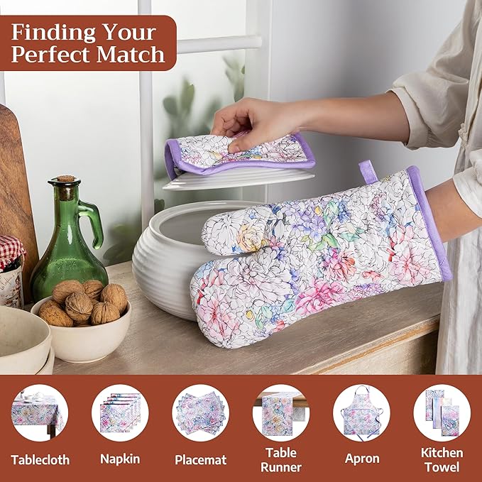 Maison d' Hermine 100% Cotton Oven Mitt & Pot Holder Set (7.5"x13" & 8"x8") Heat Resistant BBQ Cooking Gloves with Loop Baking Grilling Kitchen Gifts for Mothers Day Spring/Summer (Floral Love)