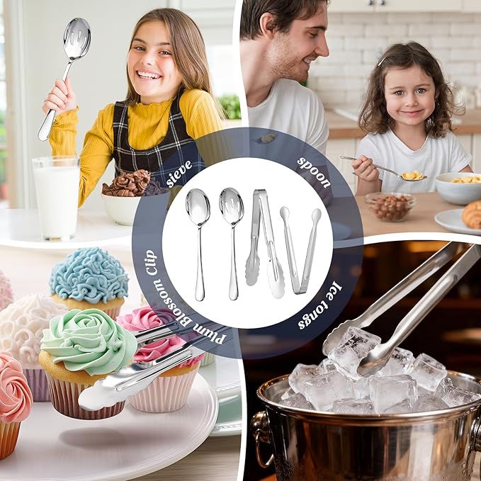 Mwellewm 18Pcs Serving Utensils, Serving Spoons for Buffet, Serving Tongs for Food, Large Slotted Spoons, Stainless Steel Banquet Cutlery Set for Parties Weeding Birthday Entertaining Catering(Silver)