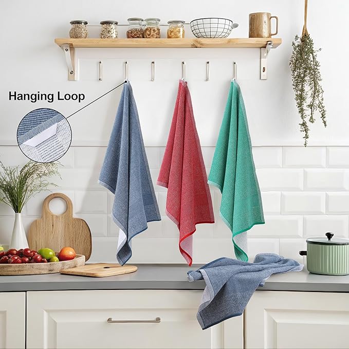 Mordimy Premium Kitchen Towels 6 Pack (18 x 28 Inches, Navy Blue/Red/Green), Large Cotton Flat & Terry Kitchen Hand Towel, Super Absorbent Tea Dishtowels Set with Hanging Loop