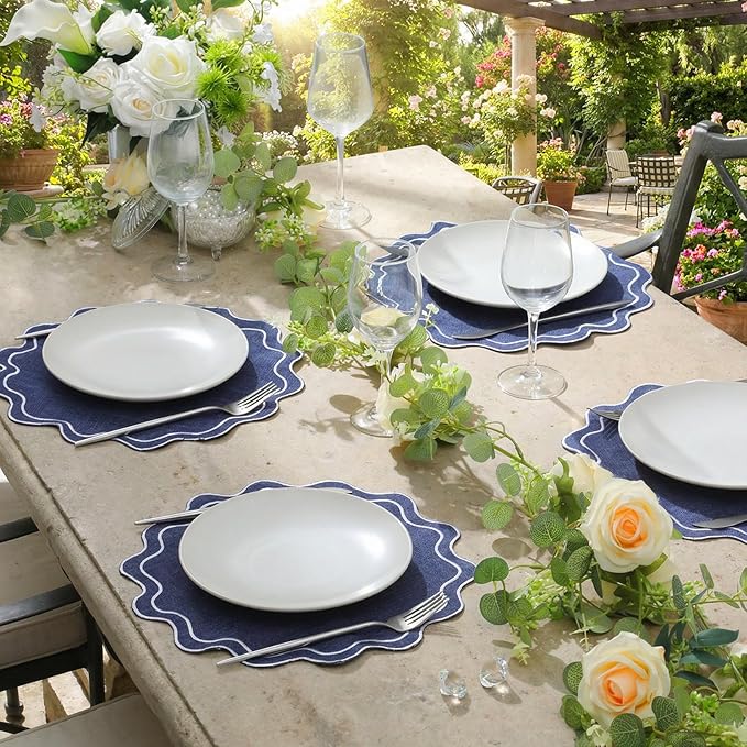 Set of 12 Cotton Linen Placemats, 15x15 Scalloped Flower Embroidery Cloth Table Mats Double Layered Fabric Washable Wrinkle Free Dining Placemat for Restaurant Kitchen Decor(Navy Blue)