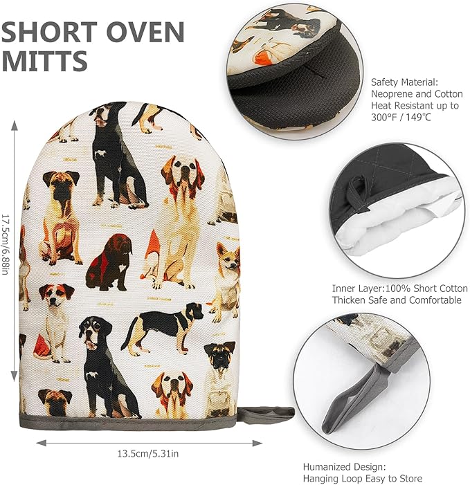 Fashion Cute Dog Oven Mitts, High Heat Resistant Kitchen Oven Gloves, Mini Silicone Oven Mitts, Non-Slip Grip Surfaces and Hanging Loop for Grilling, Baking, Cooking and Microwave, Gift