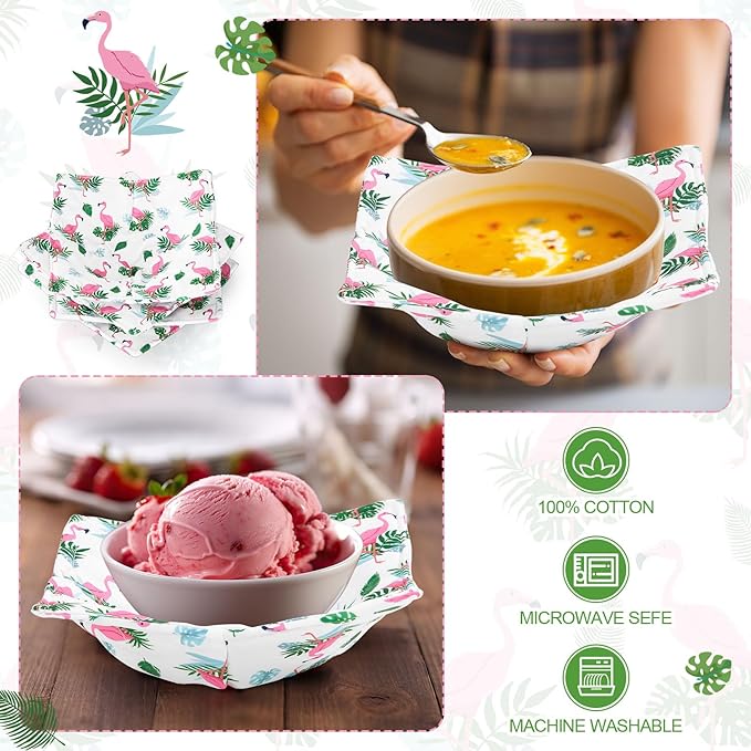 Cunhill 4 Pcs Cotton Microwave Bowl Cozy Holders for Hot Food Hot Pads Soup Bowl Potholders Heat Resistant Multipurpose Quilted Safe Holders for Kitchen Plate Supply(Soft Pink,Flame Bird)