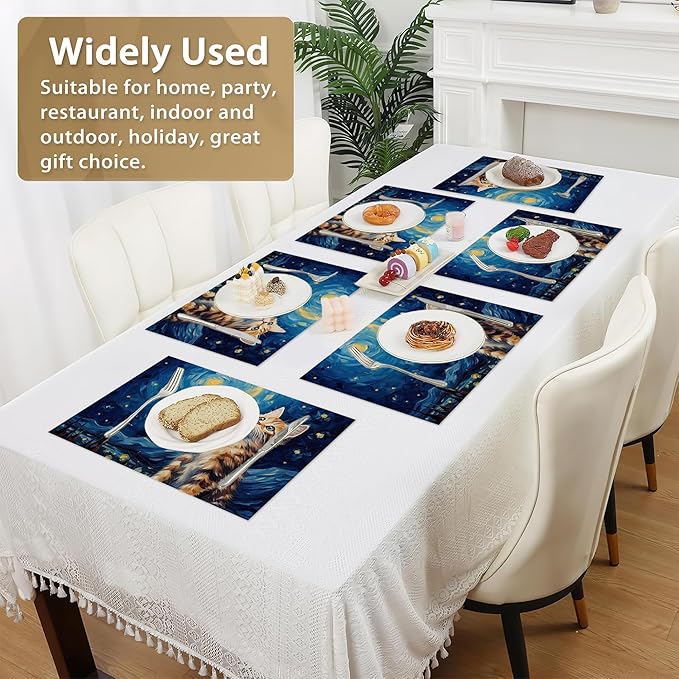 Set of 6 Washable Cute Cat Placemats Non-Slip Heat-Resistant12x18 Inch Thick Decorative Van Gogh Starry NightLinen Table Mats for Dining Table Home Décor