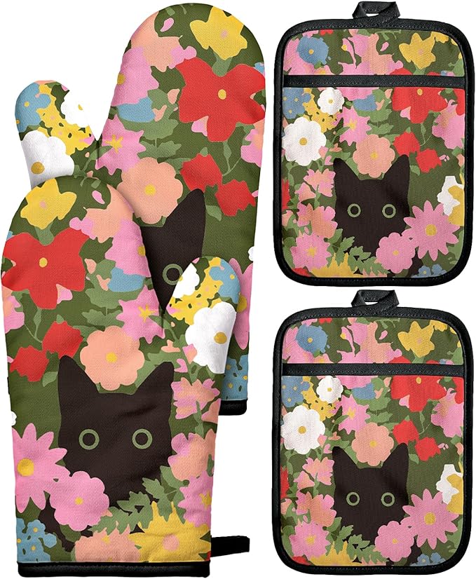 Miss Adola Cotton Oven Mitts and Pot Holders Sets - Quilted Lining Heat Resistant 4 Pieces Set with Hanging Loop Cute Farmhouse Boho Spring Kitchen Decor and Accessories, Cat Flower