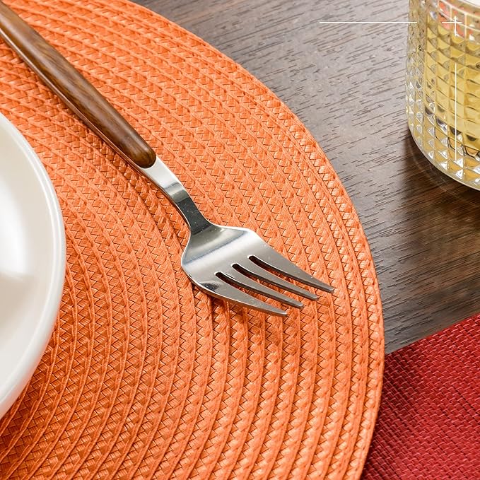 FunWheat Round Braided Placemats Set of 8 Place Mats for Dining Table Woven Washable Non-Slip Table Mats 15 Inch(Orange,8pcs)
