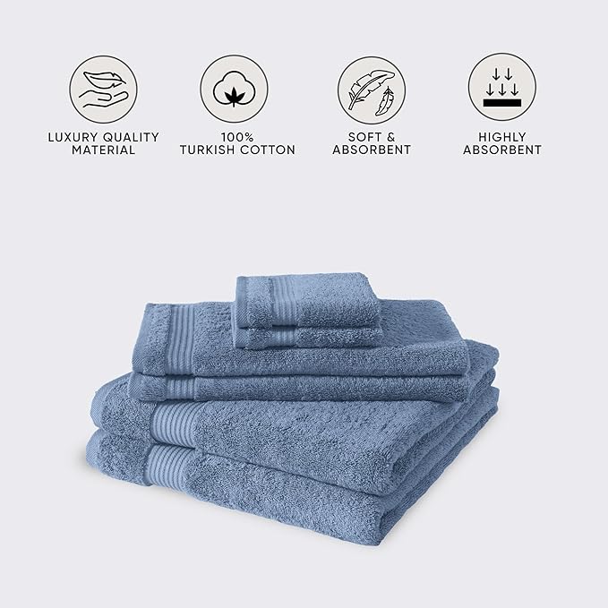 Classic Turkish Towels CTT - Luxury 6 Piece Towel Set, 100% Turkish Cotton, Quick Drying, Highly Absorbent & Comfy, Includes 2 Bath Towels, 2 Hand Towels & 2 Washcloths | (Blue)