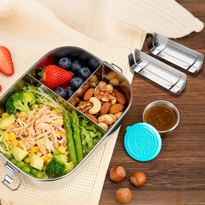 Anatole 304 Stainless Steel Bento Box 49oz 1450ml Leak-Proof Lunch Box 3 Compartments with 2 Removable Dividers 1 Sauce Container BPA Free Dishwasher Safe Food Container for Adults Work Travel