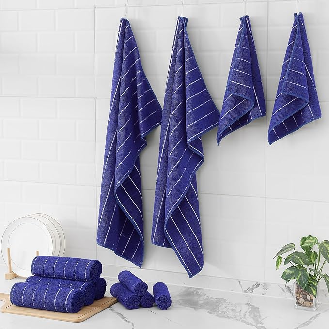 Homaxy Microfiber Kitchen Towels and Dishcloths Set, 20 Pack Soft and Absorbent Dish Hand Towels Bulk, 28 x 16 Inch & 12 x 12 Inch Quick Drying Rags for Washing Dishes, Navy Blue
