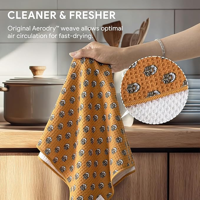 RECYCO Waffle Kitchen Towel Set of 2 - Quick Dry Microfiber Sustainable Dish Towels - Ultra Absorbent Reusable Cleaning Tea Towels - Lightweight Hand Towels,16”x 28”, Amber Flora