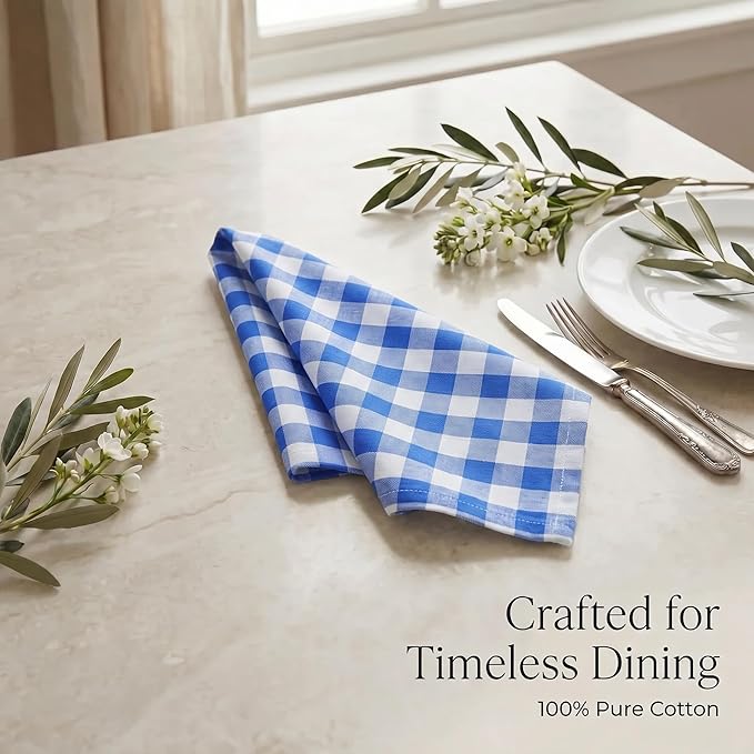 Urban Villa Cloth Napkins 100% Cotton Dinner Napkins Highly Absorbent 20x20 Inches (Set of 12) Blue White Buffalo Checks Reusable Washable Soft Durable Premium Napkins Ideal for Home Wedding Parties