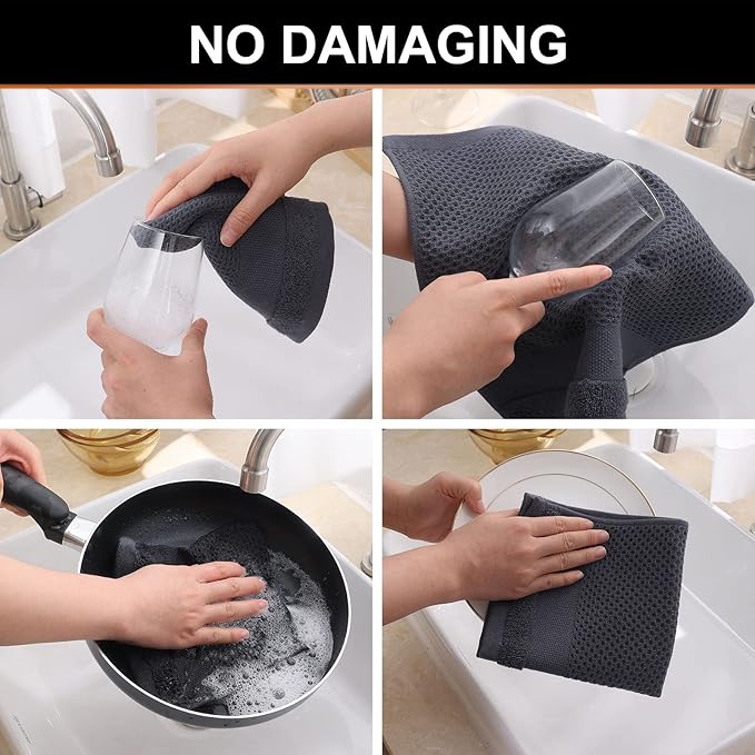Homaxy 100% Cotton Dish Cloths, 12 Pack - 12 x 12 Inches, Waffle Weave Super Soft and Absorbent Dish Towels Quick Drying Dishcloths, Dark Grey