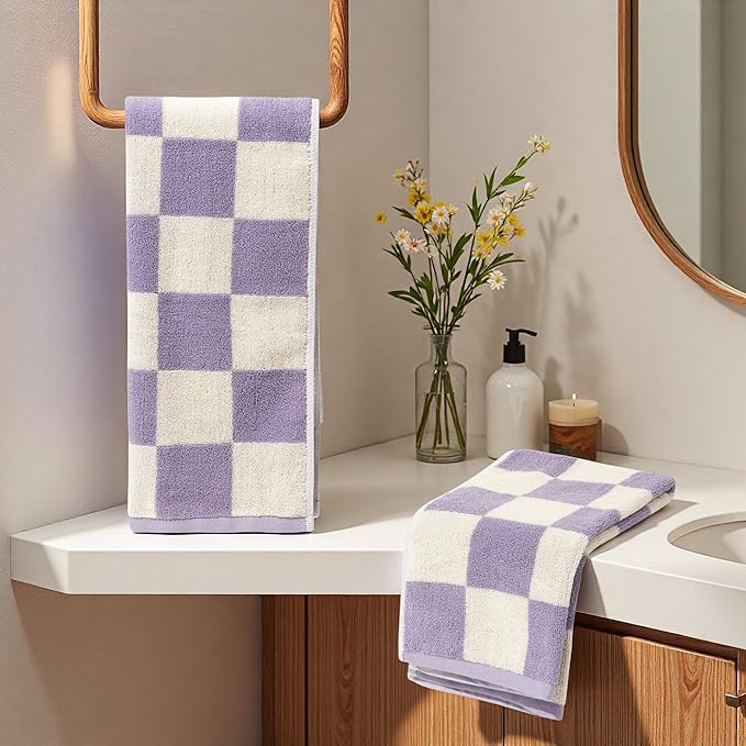 Madi-Cadi 100% Cotton Checkerboard Towels Set of 2, Farmhouse Kitchen & Guest Bathroom Towels, 13 x 29 Inches, Highly Absorbent Lint-Free Dish & Hand Towels with Double-Stitched Hems(Lavender)