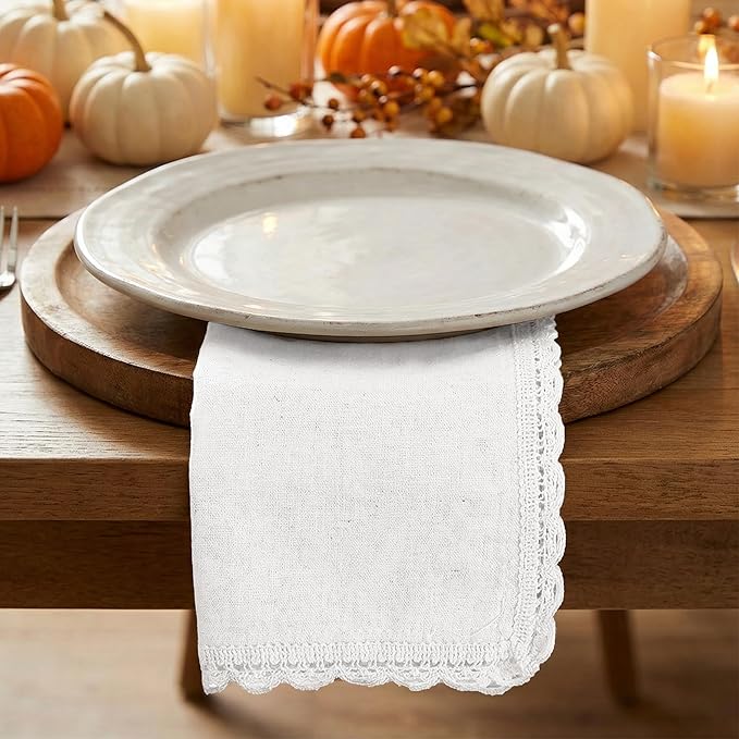 Flax Lace Cloth Dinner Napkins Set of 12 White - 20x20 Inches, Decorative Premium Cotton Linen Dinning Table Napkin Ideal for Wedding, Spring, Easter | Soft Durable Neutral Napkins for Cocktail Party