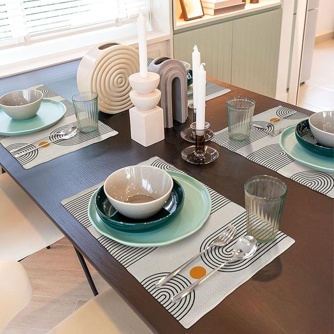 Boho Mid Century Placemats 12x18 Inch Set of 4, Abstract Simple Sun Arch Pattern Table Place Mat Boho Modern Yellow Spot Washable Table Mats Decorative Linen Fabric Table Mat for Dining Table