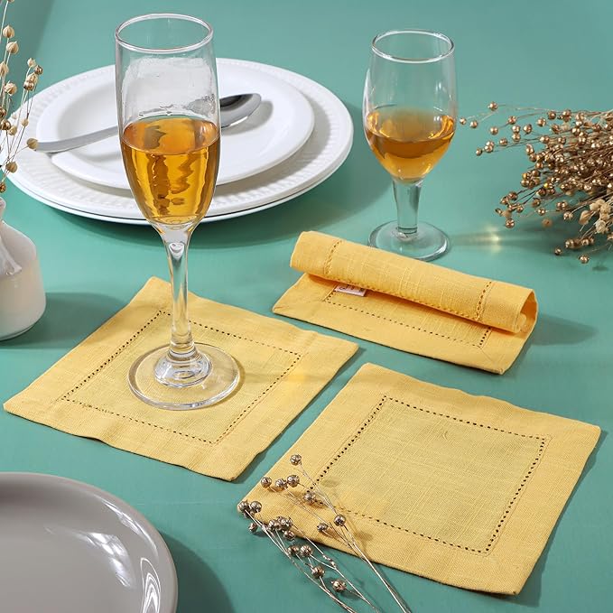 FINGERCRAFT Cocktail Napkins 6 x 6 Inch Premium Quality Cotton, Generous Hemstitch and Mitered Corner Set of 12 Coaster Cloth Gold