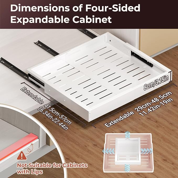 2 Pcs Pull Out Cabinet Organizers, Width (12"-19") and Depth (17"-23") Expandable With 3 Slides, No Drill Slide out Drawers Adhesive Film or Nail Cabinets Without Lip in Kitchen, Bathroom