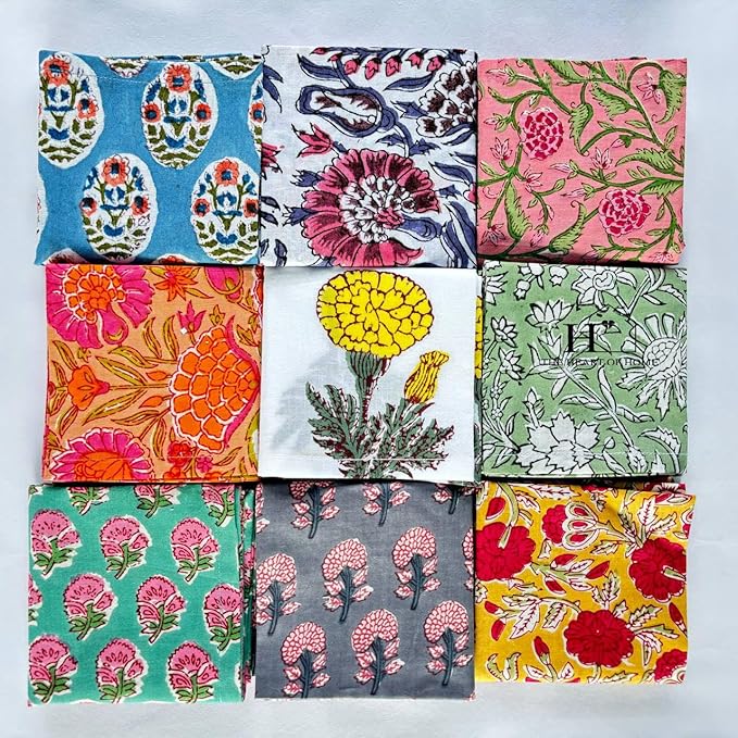 Assorted Mix and Match Hand Block Floral 100% Cotton Cloth Napkins Perfect for Kids,Wedding Events,Home Parties and Dining Table-Zero Waste Napkins