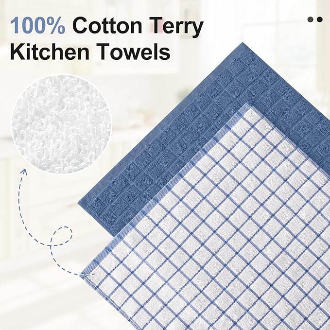 Homaxy Premium Cotton Kitchen Towels 16"x 28", Large Natural Ring Spun 390 GSM Dish Towels, Super Absorbent Terry Kitchen Hand Towels, Soft Tea Towels with Hanging Loop, Navy Blue Check Design, 8 Pack