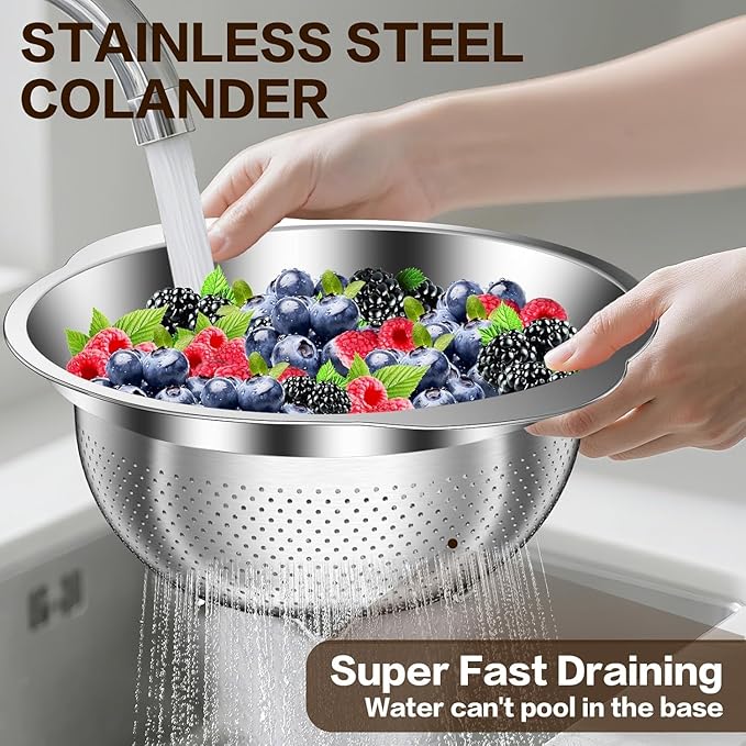 Stainless Steel Strainer with Mixing Bowl, Rice Washer, Colander for Kitchen, Rice Strainer, Fruit and Vegetable Wash, Microporous Colander, Fruit Cleaner Bowl, Dishwasher Safe