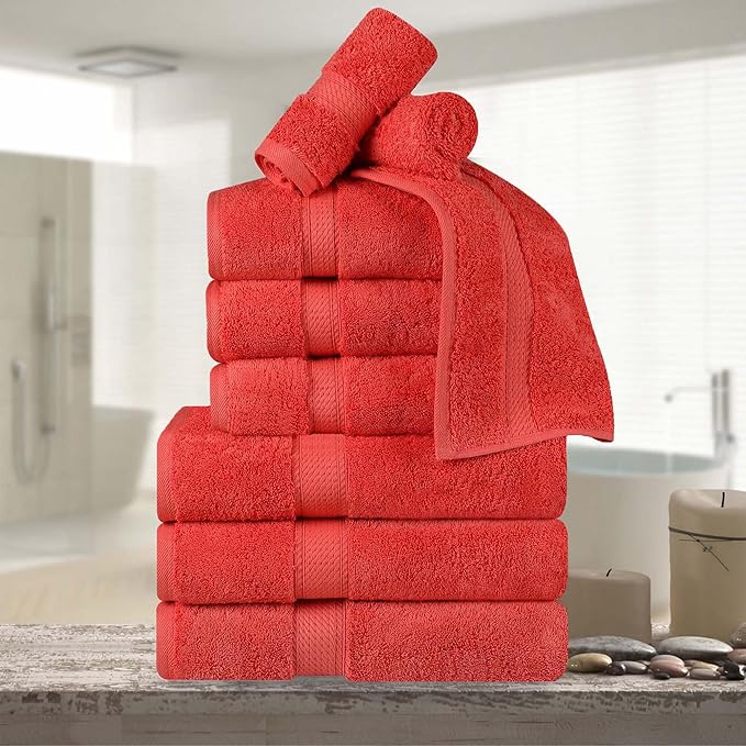 Superior Egyptian Cotton Pile 9 Piece Towel Set, Includes 3 Bath, 3 Hand, 3 Face Towels/Washcloths, Ultra Soft Luxury Towels, Thick Plush Essentials, Guest Bath, Spa, Hotel Bathroom, Coral