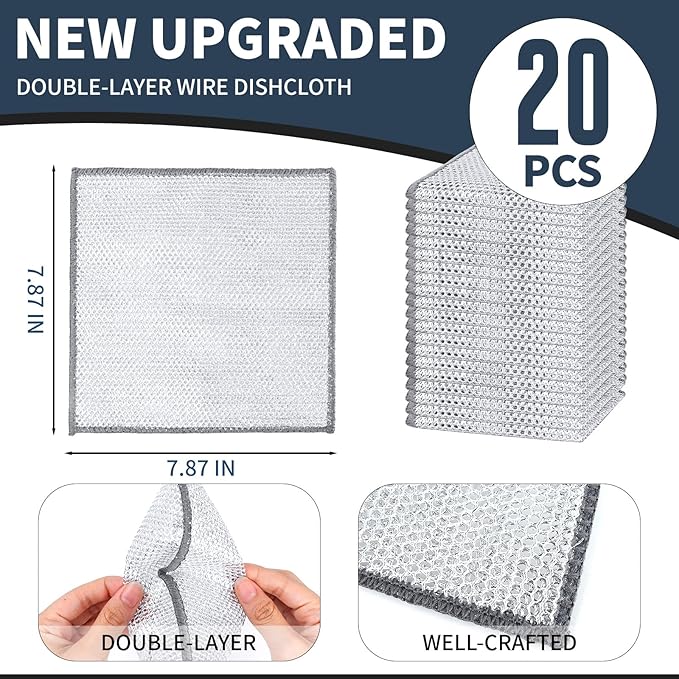 Double Layer Steel Wire Dishcloth, 20 Pcs Double-Layer Steel Wire Cleaning Cloth,Powerful Cleaning Non-Scratch Wire Dishcloth Rag for Cookware, Sinks, Dishes, Stove Tops (7.87''x7.87'') New Upgrade