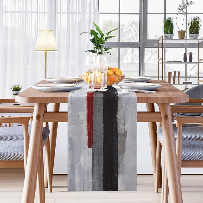 Emvency Black and White Table Runner, Modern Grey Red Art Painting for Kitchen Coffee Table Family Dinners Holiday Parties Wedding Events Decor(13x60 inch)