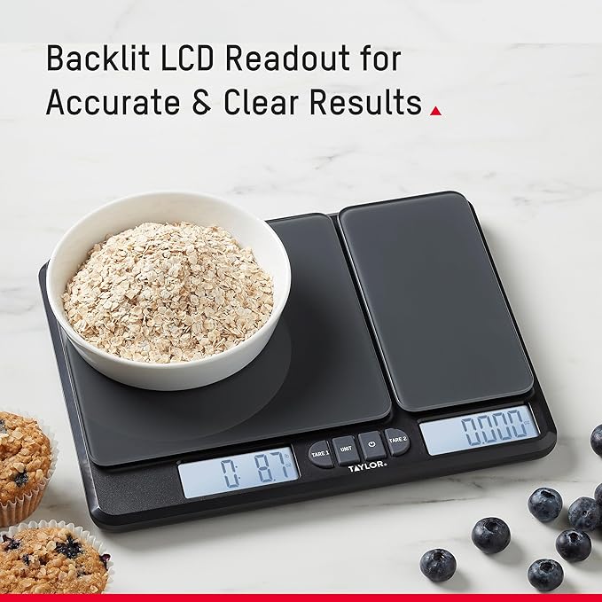 Taylor Dual Platform Food Kitchen Scale, Digital Grams and Ounces for Weight Loss, Baking, Cooking, Meal Prep, Spices, and Coffee, Backlit Display, Glass Platforms, 15lb, and 16oz Capacity, Black