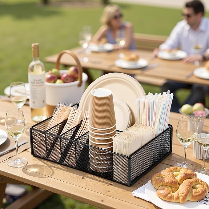 Utensil Caddy for Party - Paper Plate Holder ,Utensil Silverware Caddy Utensil Holder Paper plate Organizer with 6 Compartments for Party, Camping, Picnic