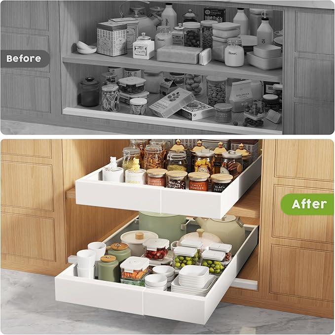 Seinloes 2 Pack Pull Out Cabinet Organizers 21" Deep With Raising Pad for Framed Cabinets, Expandable Width (9"-14") Slide Out Drawers Upgrade 3 Slide Rails, Roll Out Shelves Adhesive, White