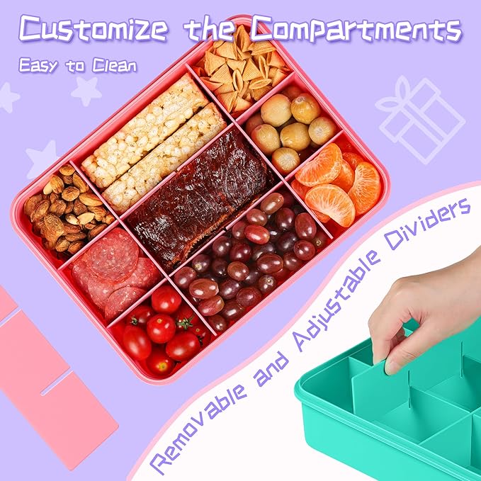 Xyptorix Snack Box Container for Kids - Adjustable 12-Compartment Snack Containers, Reusable Bento Box, Dishwasher Safe, BPA-Free, Perfect for School, Travel, Camping & Picnic, Pink & Green, Large