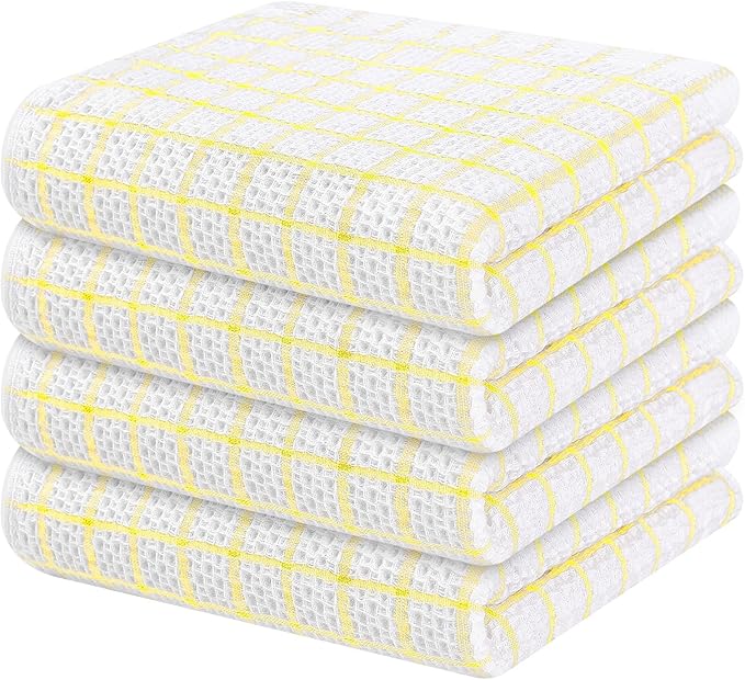 Homaxy 100% Cotton Kitchen Towels 4 Pack-15 X 25 Inches, Check Design Waffle Weave Hand Tea Towels, Super Soft and Absorbent Dish Towel for Drying Dishes, Yellow