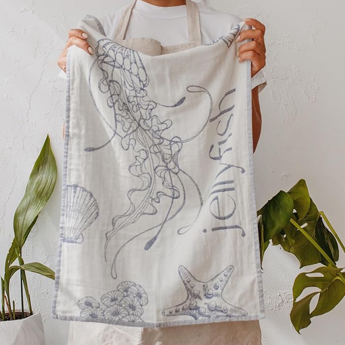 Nautical Kitchen Towels with Ocean-Themed Designs – 100% Turkish Cotton Jacquard Tea Towels with Octopus, Crab, Seahorse & Jellyfish Designs – Soft, Absorbent & Decorative Dishcloths (Sea Life)