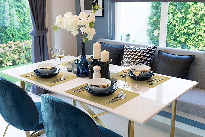 More Décor Dining Table Placemats, Washable Heat-Resistant PVC Vinyl Table Mats for Dining Room and Kitchen, Anti-Slip - Set of 6 -Gold