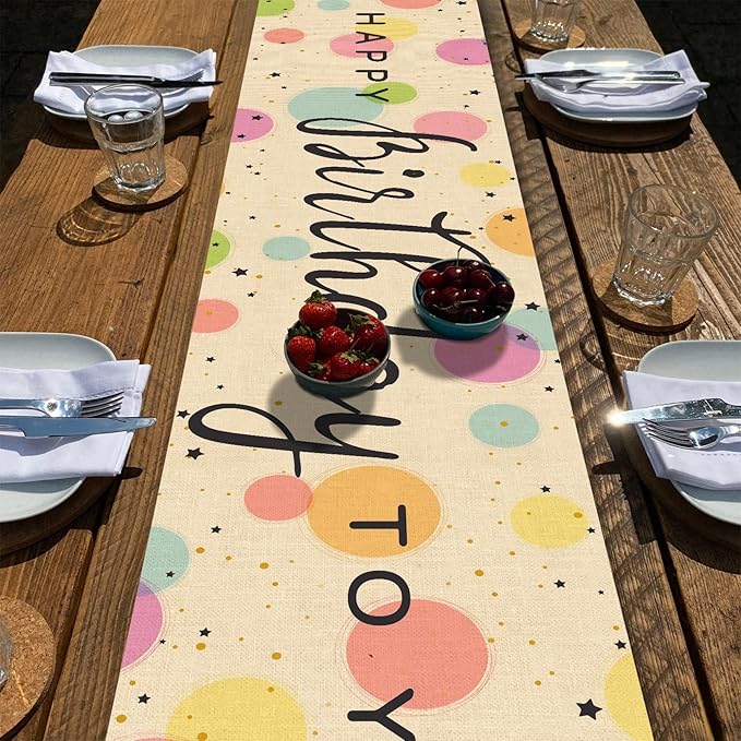 Happy Birthday Table Runner 13x72 Inch Colorful Circle Stars Farmhouse Polyester Linen Table Decoration for Kitchen Dinning, Indoor Outdoor Home Dinner Party (Rainbow)