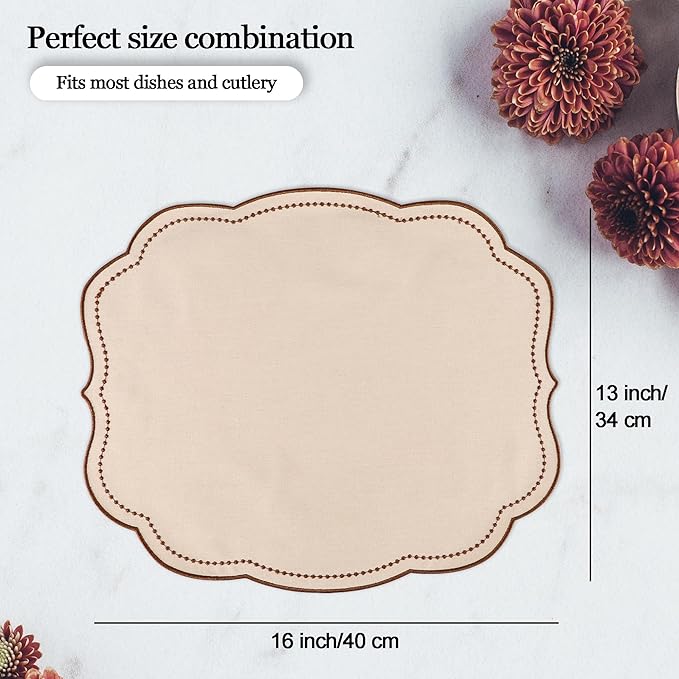 Cotton Linen Placemats Set of 4 - Double Layered, Luxury Scalloped Embroidered Cloth Table mats - Holidays, Christmas, Washable Mat, 16 x 13 inch (Beige)