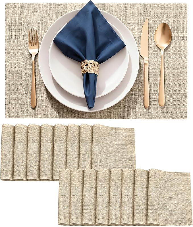 Durable Vinyl Placemats Set of 16, Non-Slip for Dining Table Mat, Heat Resistant Place Mats, Washable Anti-Slip PVC Easy to Clean Wipeable Premium Plastic Mats for Kitchen Brightbrown