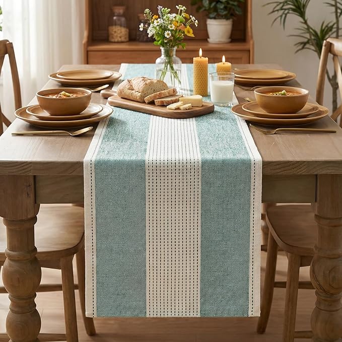Artoid Mode Forest Green Farmhouse Rustic Table Runner, Seasonal Macrame Fabric Kitchen Dining Holiday Wedding Table Decor for Home Party 13x36 Inch