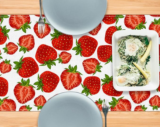 Pudodo Strawberry Table Runner Spring Summer Fruit Strawberry Themed Birthday Baby Shower Party Kitchen Dining Home Decoration (13" x 72")