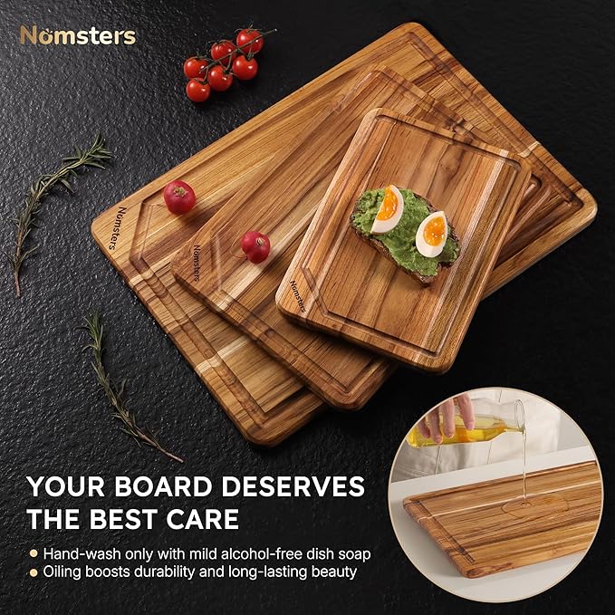 3 Pack Teak Wood Cutting Board Set for Kitchen Charcuterie Board Serving Heavy Duty Non Toxic Slip Hardwood Over Sink Solid Thick Haus Wooden Chopping Board Large Big Small Meat Best Essential Gift