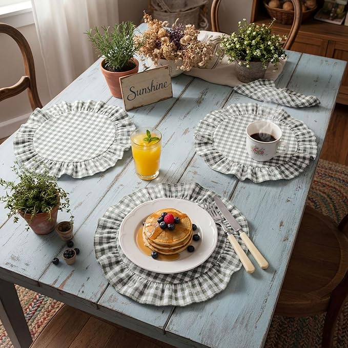 4 Pcs 15 Inch 100% Cotton Scalloped Round Placemats, Thin Countryside Green Gingham Place Mats with Ruffle, Washable Placemats Table Mats for Kitchen Dining Holiday Gatherings Decor